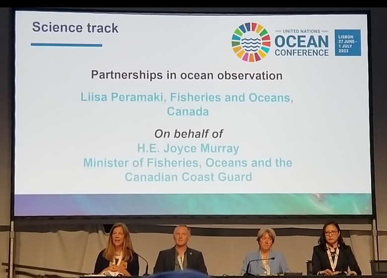 NIVAInc's tweet photo. Liisa Peramaki from @FishOceansCAN / @PechesOceansCAN on behalf of Minister @JoyceMurray lays out why #Canada is a major supporter of the @UNOceanDecade and a member of the Ocean Decade Alliance.  #UNOC2022 #OceanDecade #SaveOurOcean https://t.co/KxdVMwxWhD