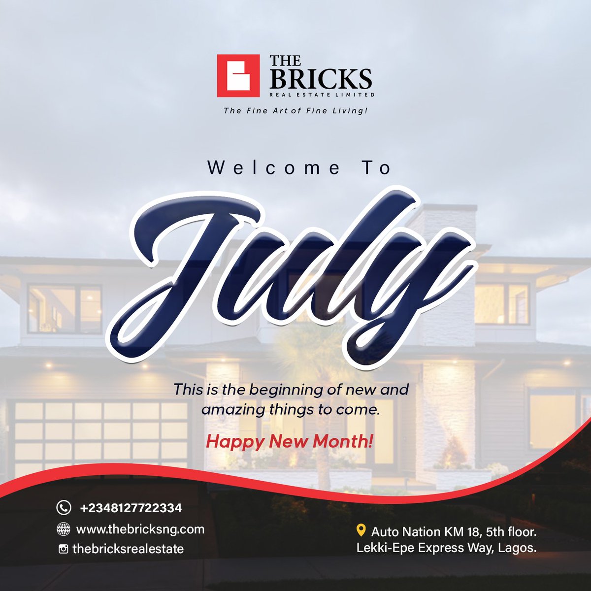 TheBricksEstate's tweet photo. It's July! We are excited because we it's going to be a great month.

We are here to help you fullfil your dream of owning your dream home.

Visit our website for updates on new properties https://t.co/e8NvvoCy1c
Call us Today: +234812772233

#julywish #RealEstate #quote #Twitter https://t.co/p9gH4d3KYD