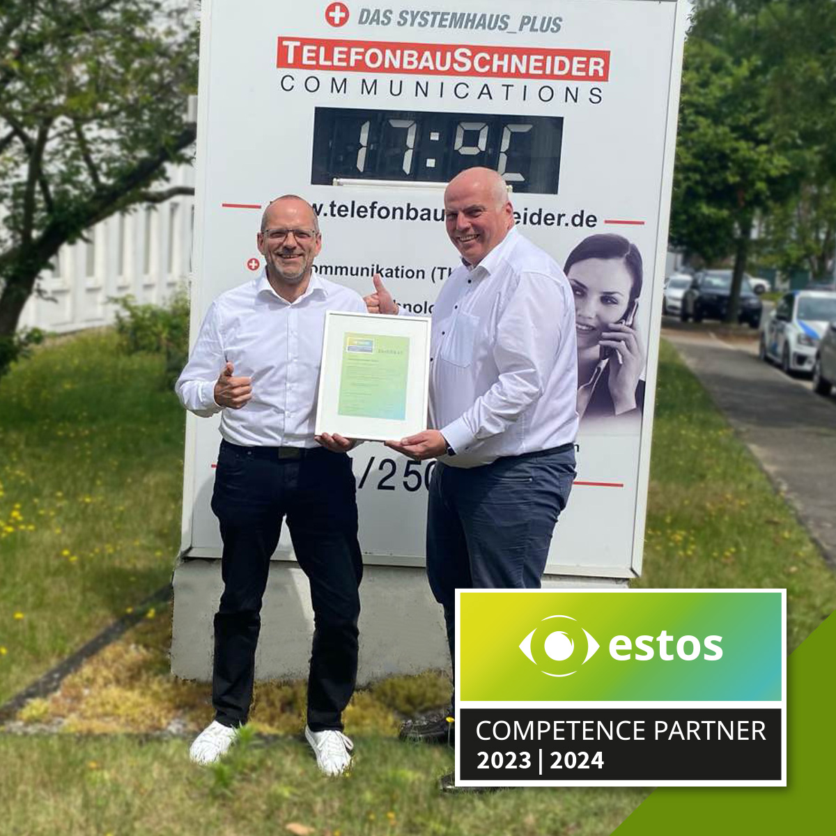 𝗨̈𝗯𝗲𝗿𝗴𝗮𝗯𝗲 𝗱𝗲𝘀 𝗱𝗿𝗶𝘁𝘁𝗲𝗻 𝗼𝗳𝗳𝗶𝘇𝗶𝗲𝗹𝗹𝗲𝗻 𝗲𝘀𝘁𝗼𝘀 𝗖𝗼𝗺𝗽𝗲𝘁𝗲𝗻𝗰𝗲 𝗣𝗮𝗿𝘁𝗻𝗲𝗿-𝗭𝗲𝗿𝘁𝗶𝗳𝗶𝗸𝗮𝘁 𝗯𝗲𝗶 𝗱𝗲𝗿 <a href="/tbschneider/">Telefonbau Schneider</a> 
Vielen Dank an Michael Herwig (links) für den freundlichen Empfang.
#estoscompetencepartner #zusammenarbeit #partner