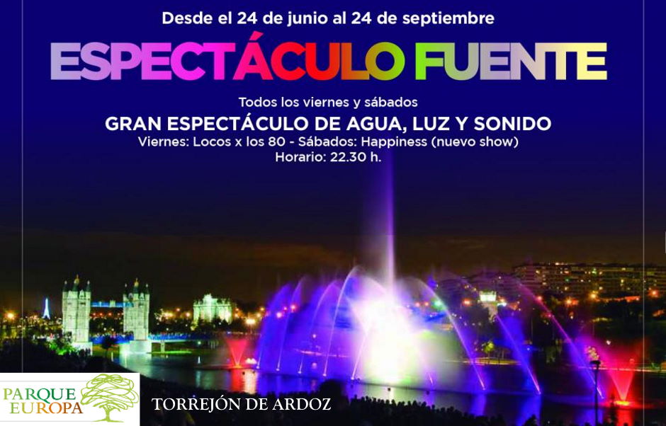 Espectáculo Fuente del Parque Europa de luz y sonido en Torrejón - Verano 2022. Desde el 24 de junio podrás disfrutar los viernes y sábados noche del gran espectáculo de agua, luz y sonido en el Parque Europa de Torrejón de Ardoz. + info: alcalaylosniños.es/planes/especta…