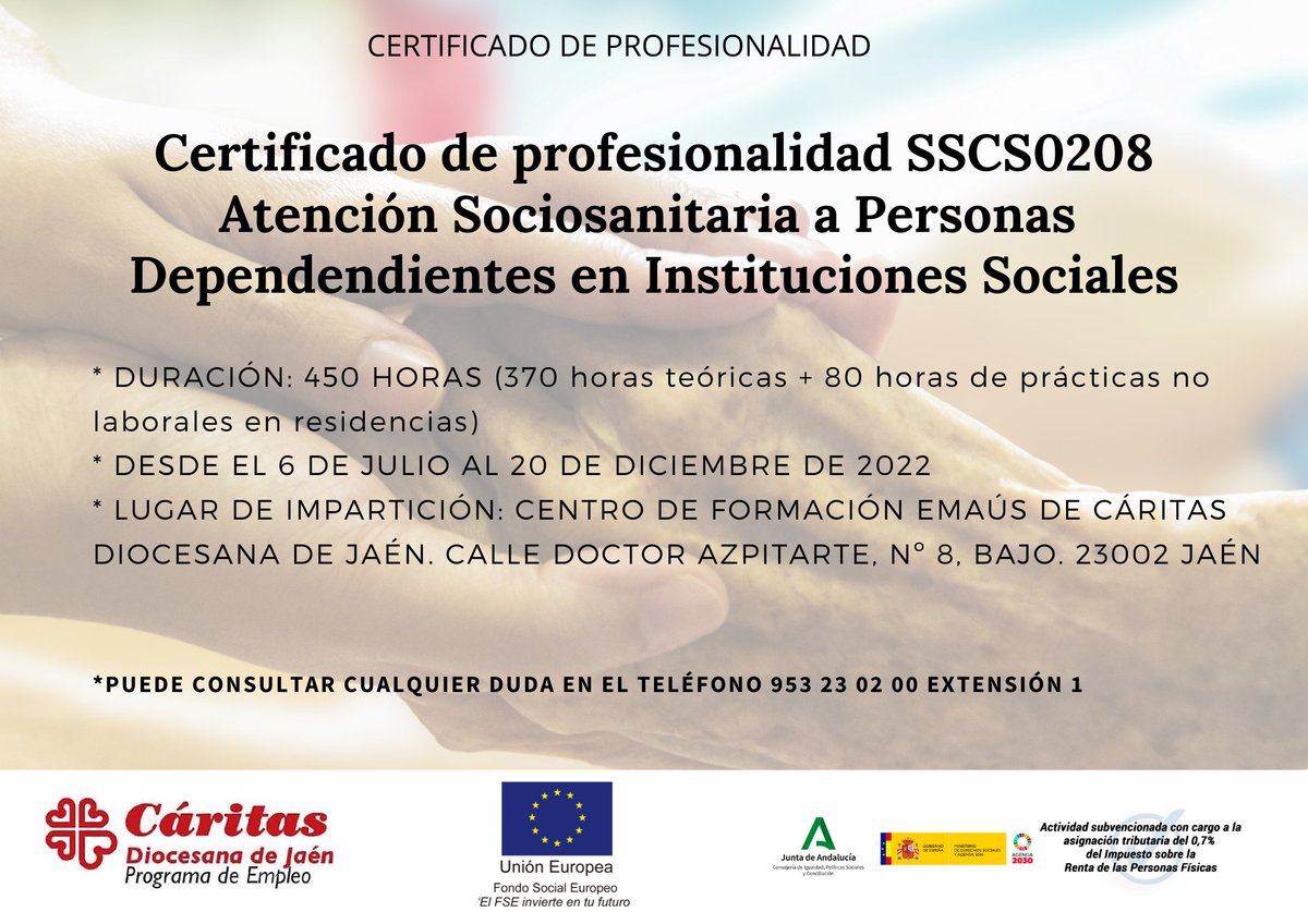 🔴🔴🔴 Últimos días para la inscripción en el curso para el certificado de profesionalidad de Atención sociosanitaria a personas dependientes en instituciones sociales. Iniciativa de Cáritas con apoyo de la <a href="/andaluciajunta/">Junta de Andalucía</a>, a través del 0,7% del IRPF, y del #FondoSocialEuropeo
