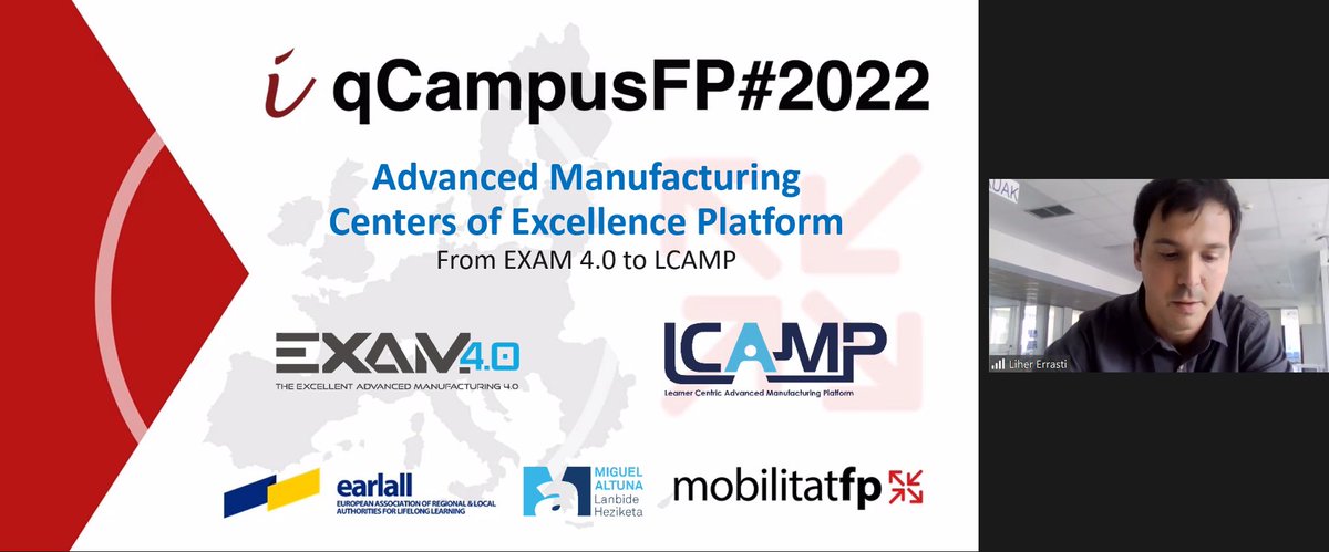 🔴[LIVE] Liher Errasti Gonzalez, professor at @Miguel_Altuna is presenting the results of the #EXAM4point0 project and introducing the LCAMP - Learner Centric #AdvancedManufacturing platform for CoVEs that has just started! 

#lifelonglearning  #iQCampus2022 #DiscoverYourTalent