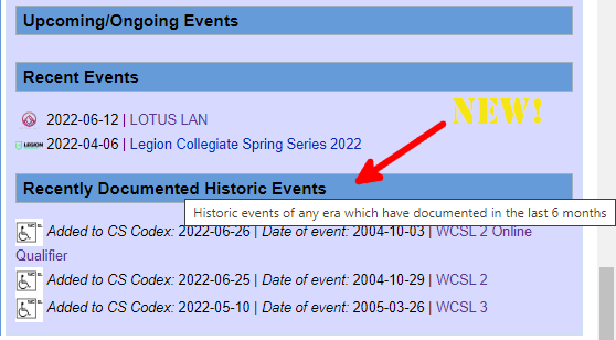 cs_codex's tweet photo. Today we're adding a new section to the Front Page. The 'Recently Documented Historic Events' section will list any historic events that have been recently added to the site. https://t.co/PXIKsrseAg