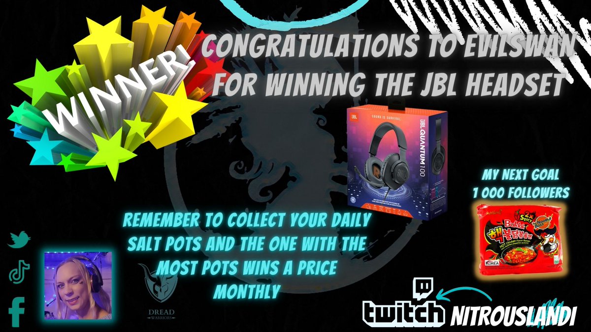 Nitrouslandi's tweet photo. CONGRATULATIONS to Evilswan for winning the JBL Headsets.
Remember to collect your daily salt pots in stream. The one with the most wins a price monthly.
#winner #goals #streamer #TwitchZA #ZAStreams #congratulations #JBLheadset #Jbl @JBLaudio
https://t.co/Ag53fOFKvr https://t.co/LMCymYHJzT