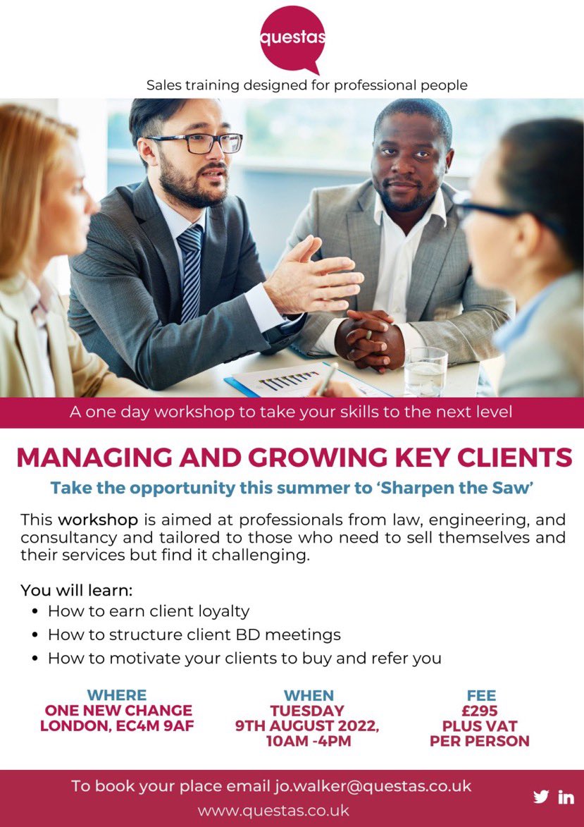 Join our one day workshop with  <a href="/gary_questas/">Gary Williams</a> on Tues 9th August, on Managing &amp; Growing Key Clients. 

EARLY BIRD 2 for 1 OFFER
Book before 9th July &amp; get 2 places for the price of 1 
Email  jo.walker@questas.co.uk to book #Engineering #law