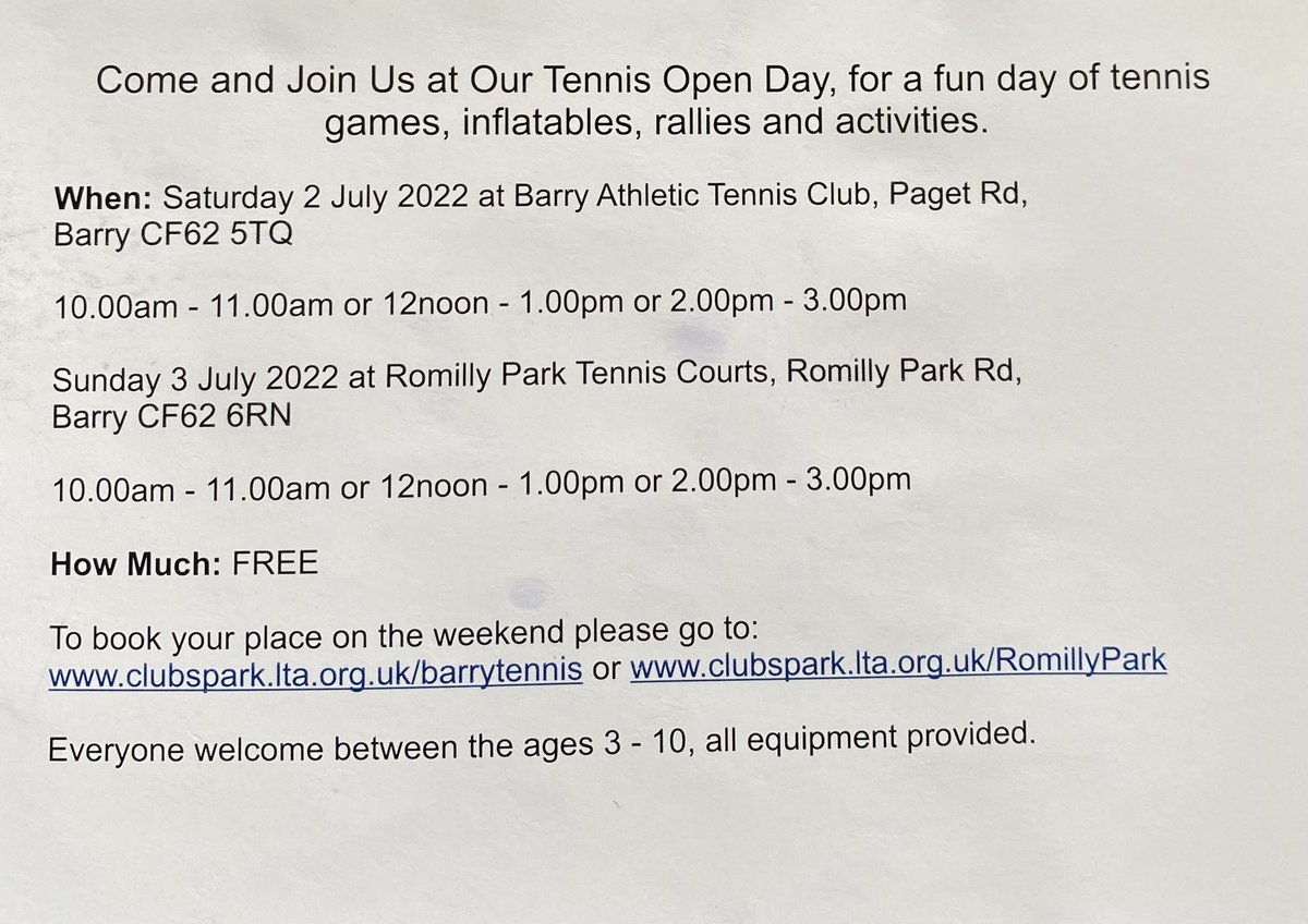 Last chance to book your FREE place at one of the Tennis open days on the weekend please go to: clubspark.lta.org.uk/barrytennis or clubspark.lta.org.uk/RomillyPark Everyone welcome between the ages 3-10, all equipment provided 🎾 @VOGCouncil @BarryAthTennis @tenniswales @the_LTA