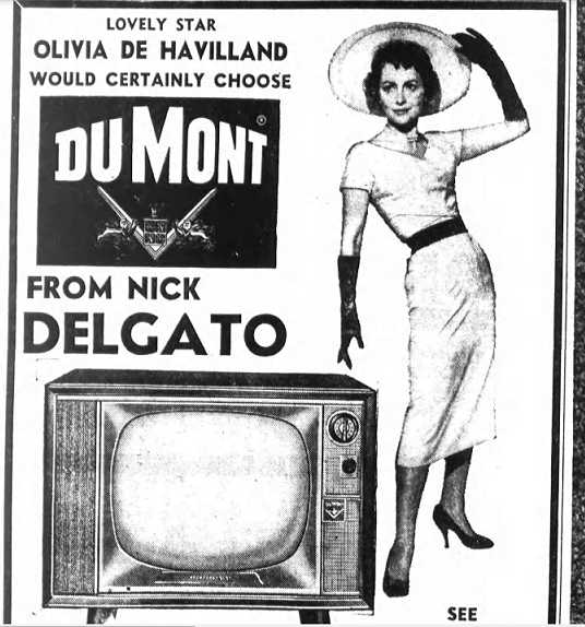 Olivia de Havilland would certainly choose a Dumont tv set, when she is advertising them. 
#classicmoviestars #GoldenAgeofHollywood #vintageadvert #oldhollywoood #filmstars #oldmovies #moviestar #GWTW #OldHollywood #OliviadeHavilland #gonewiththewind #biography #vintagefashion