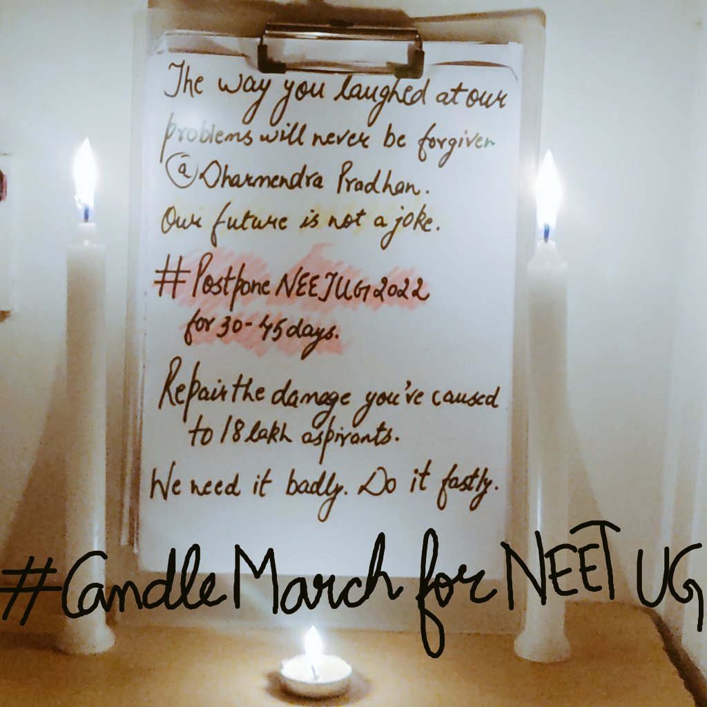 Dear @dpradhanbjp @OfficeDp You postponed JEE Mains both the sessions before 12 days of their 1st session. There is still time, you can give relief to lakhs of NEET UG aspirants. #CandleMarchForNEETUG