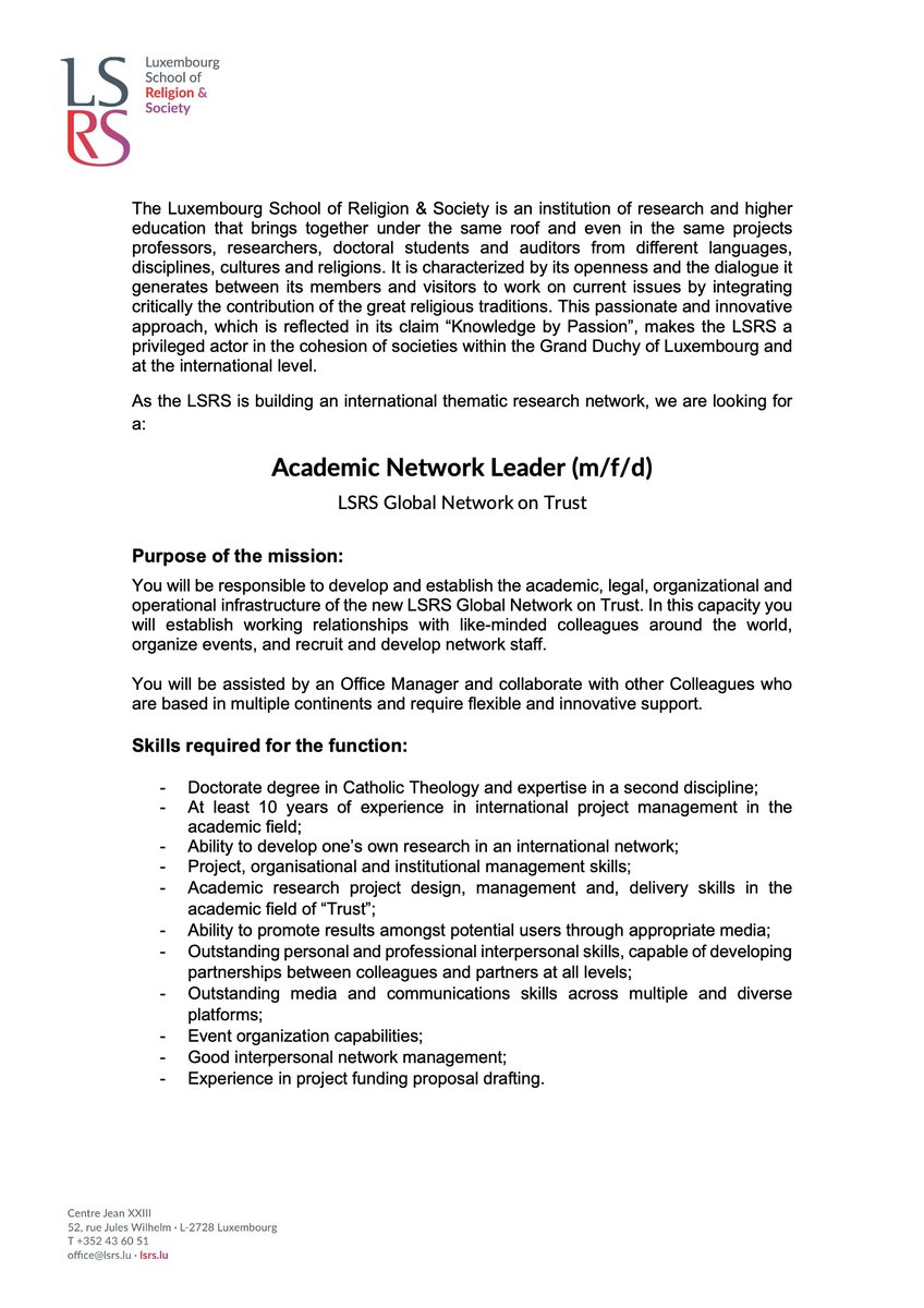 Call for a position as Academic Network Leader of the Luxembourg School of Religion & Society @lsrs_lu
1/2