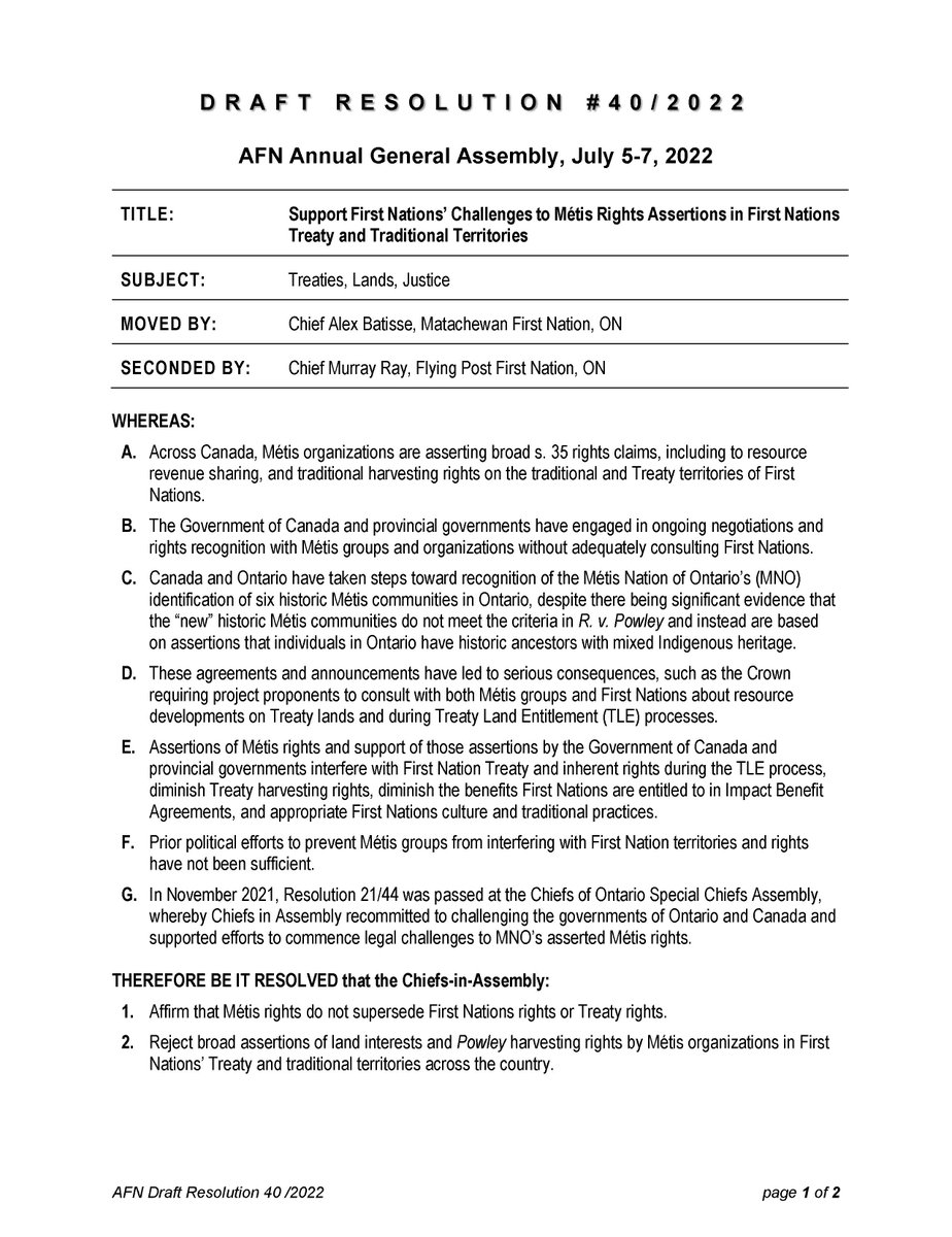 RussDiabo's tweet photo. [There's a draft AFN resolution reacting to Trudeau gov't's Indigenous Melting Plot! It may not be dealt with given current AFN conflict crisis!]

Support First Nations’ Challenges to Métis Rights Assertions in First Nations Treaty and Traditional Territories https://t.co/QeUPAduQKv