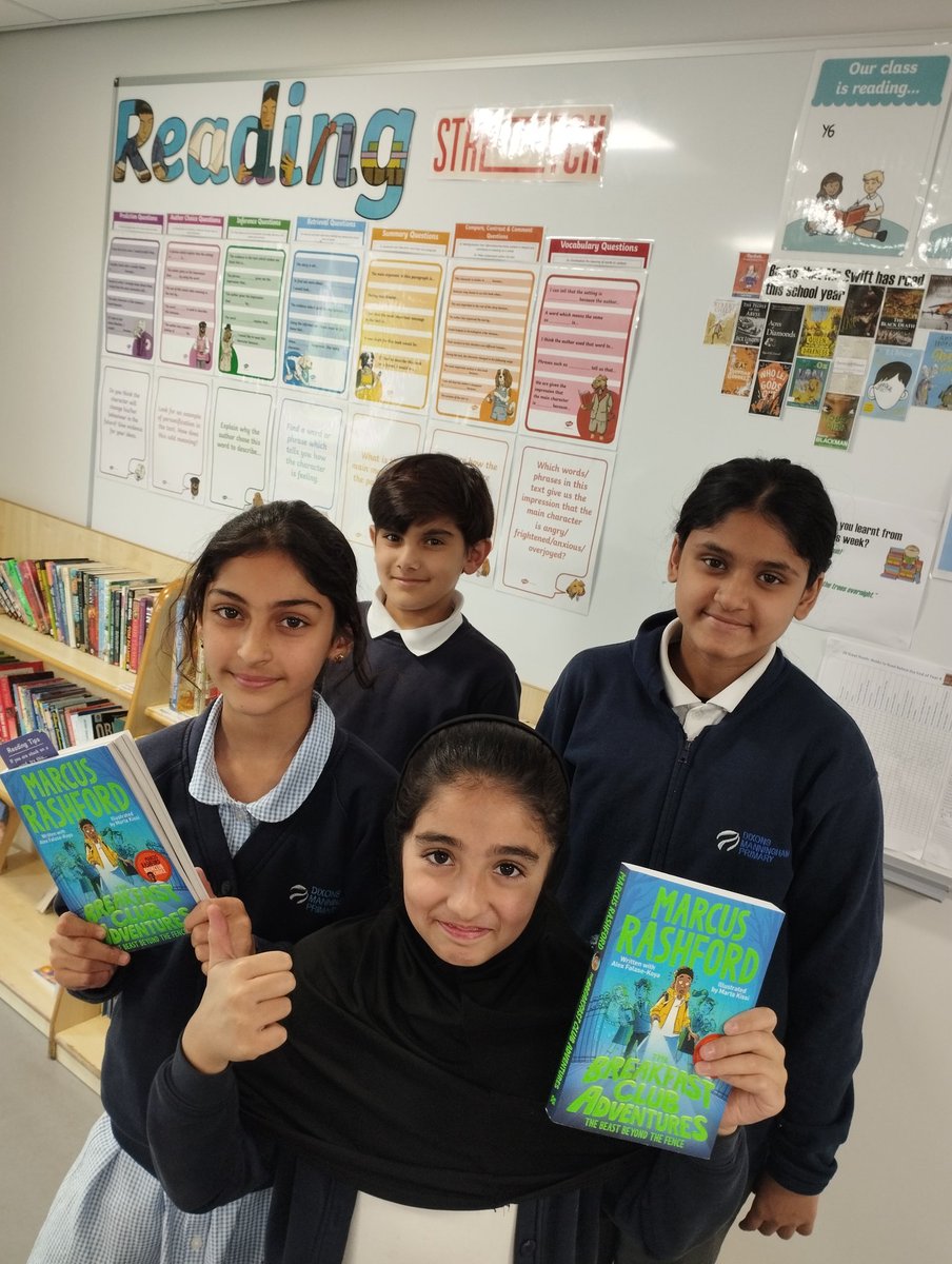 Some pupils from our reading club enjoying The Breakfast Club Adventures by the very inspiring @MarcusRashford. Some feedback so far for him, 'It's really interesting & I want to read more about where he lost the football!' #MarcusRashfordBookClub @dixonsmnp #Unity #Appreciation