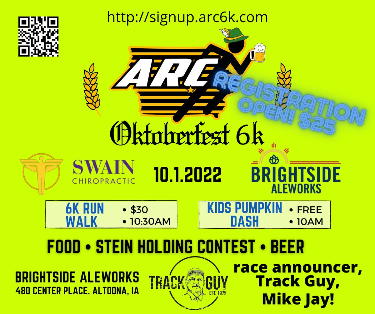 Registration is open for the ARC Oktoberfest 6k.  Early registration is only $25. signup.arc6k.com. The one and only voice of the Drake Relays, and Iowa state track meet, the <a href="/TrackGuyUSA/">Track Guy</a>  himself, <a href="/MikeJaytrackxc/">Mike JayTrackXC</a>  will be announcing our race.