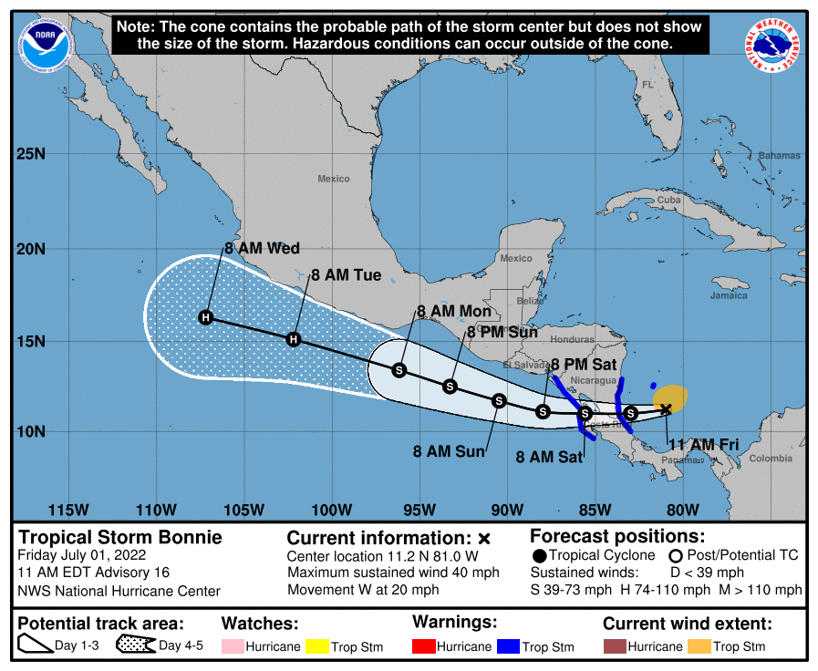 HRHEngel's tweet photo. ⚡Tormenta Tropical #BONNIE
#01Jul 11.00am 15.00UTC Aviso 16
Lat 11.2N Lon 81.0W
195mi (315km) al ESE de Nicaragua
Vientos max sostenidos 40mph (65km/h) 35kt
Dirección W a 20mph (31km/h)
Presión min central 1005mb (29.68in)
#NHC #PTC2 #Invest94L #PT12AL #OT11 #METEOve https://t.co/Ou2H6M7BwY