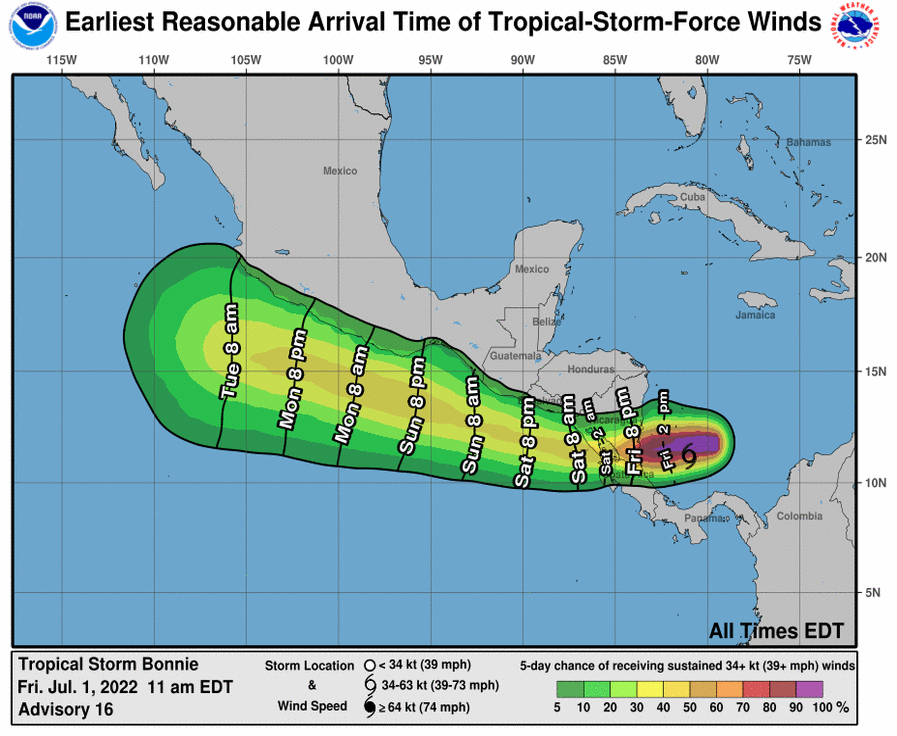 HRHEngel's tweet photo. ⚡Tormenta Tropical #BONNIE
#01Jul 11.00am 15.00UTC Aviso 16
Lat 11.2N Lon 81.0W
195mi (315km) al ESE de Nicaragua
Vientos max sostenidos 40mph (65km/h) 35kt
Dirección W a 20mph (31km/h)
Presión min central 1005mb (29.68in)
#NHC #PTC2 #Invest94L #PT12AL #OT11 #METEOve https://t.co/Ou2H6M7BwY