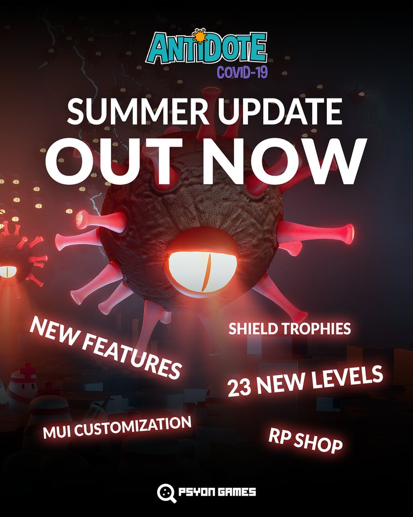 playAntidote's tweet photo. Antidote COVID-19 SUMMER 2022 update is out now! 🌞💉

We have:
- 23 new levels
- MUI customization
- Shield trophies
- RP Shop
- New features

Enjoy the summer and stay safe! 💛

The campaign 👉 https://t.co/Iy2LTORTGE 
The game 👉 https://t.co/SRKR8tlVqO https://t.co/iBSwUl7RJV