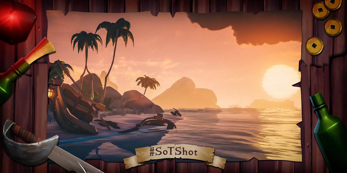 SeaOfThieves's tweet photo. Photoshooting pirates flocked to The Shores of Plenty for our latest #SoTShot theme, but @SirRodion, @goldseadog, @Captain_Peachy and @CapnLeachy captured our team's favourite sights β DMs incoming! Thank you to everyone who entered. A new, sneaky theme begins July 4th! https://t.co/nsBEAfGdmT