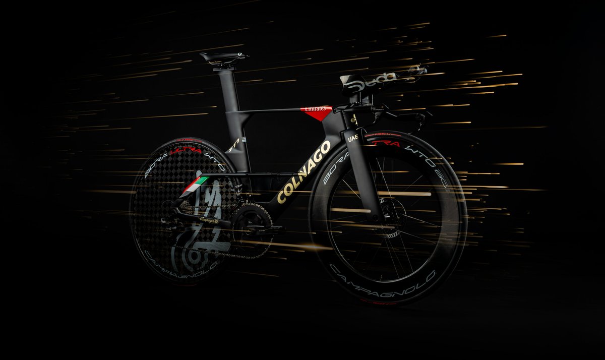 Colnagoworld's tweet photo. Colnago TT1, the bike @TamauPogi and @TeamEmiratesUAE are using today in stage 1 of @LeTour . Developed this year with @polimi . 

Pretty fast, uh?

#ColnagoTT1 #Colnago #LaBicicletta https://t.co/ED7B4Es0lP