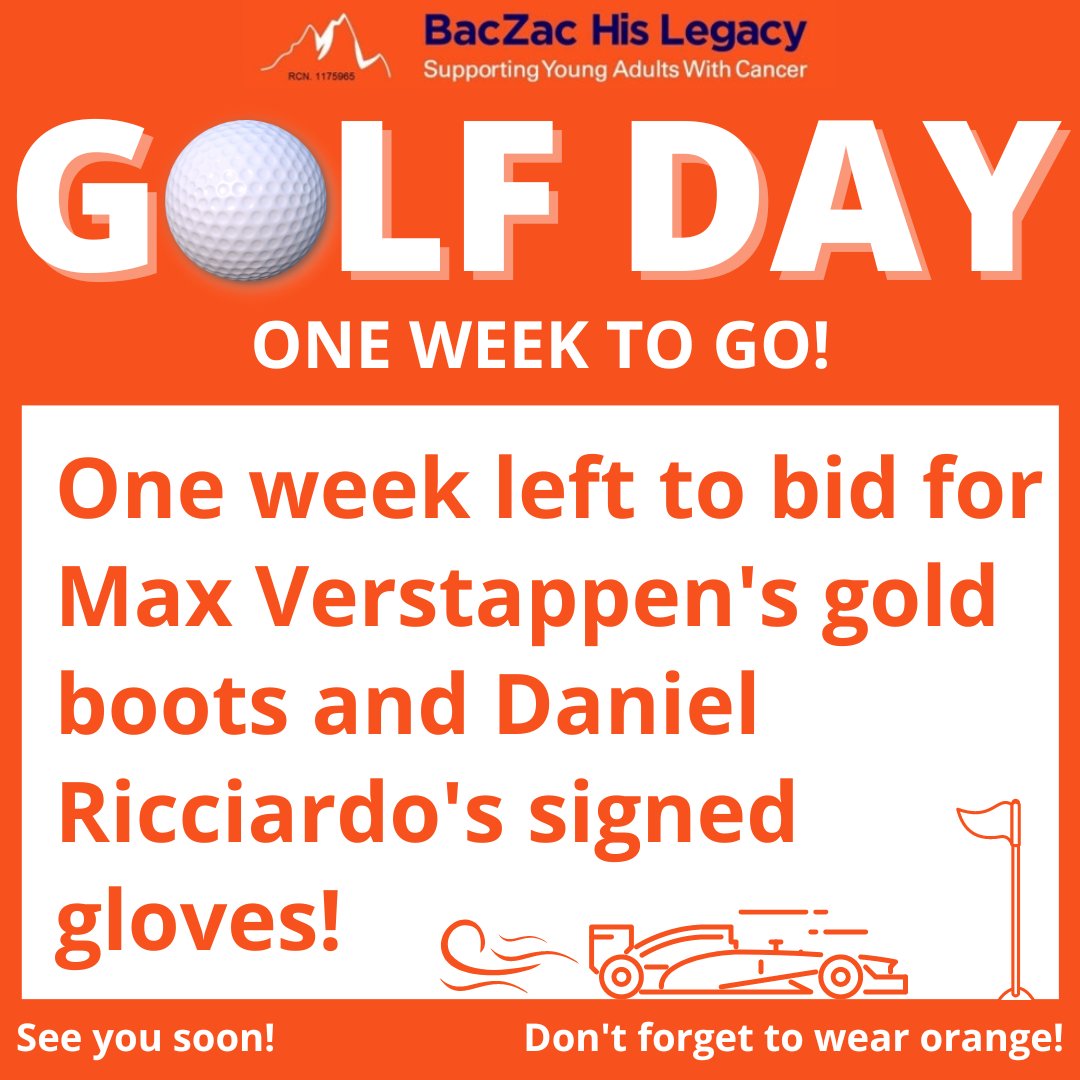 One week to go! 

Golf Day will mark an end to the auction for Max Verstappen's gold boots and Daniel Ricciardo’s signed gloves worn on a Grand Prix practice! 

To donate, text BACZAC 5, BACZAC 10 or BACZAC 20 to 70085 or visit baczachislegacy.org

#golf #golfday #sport