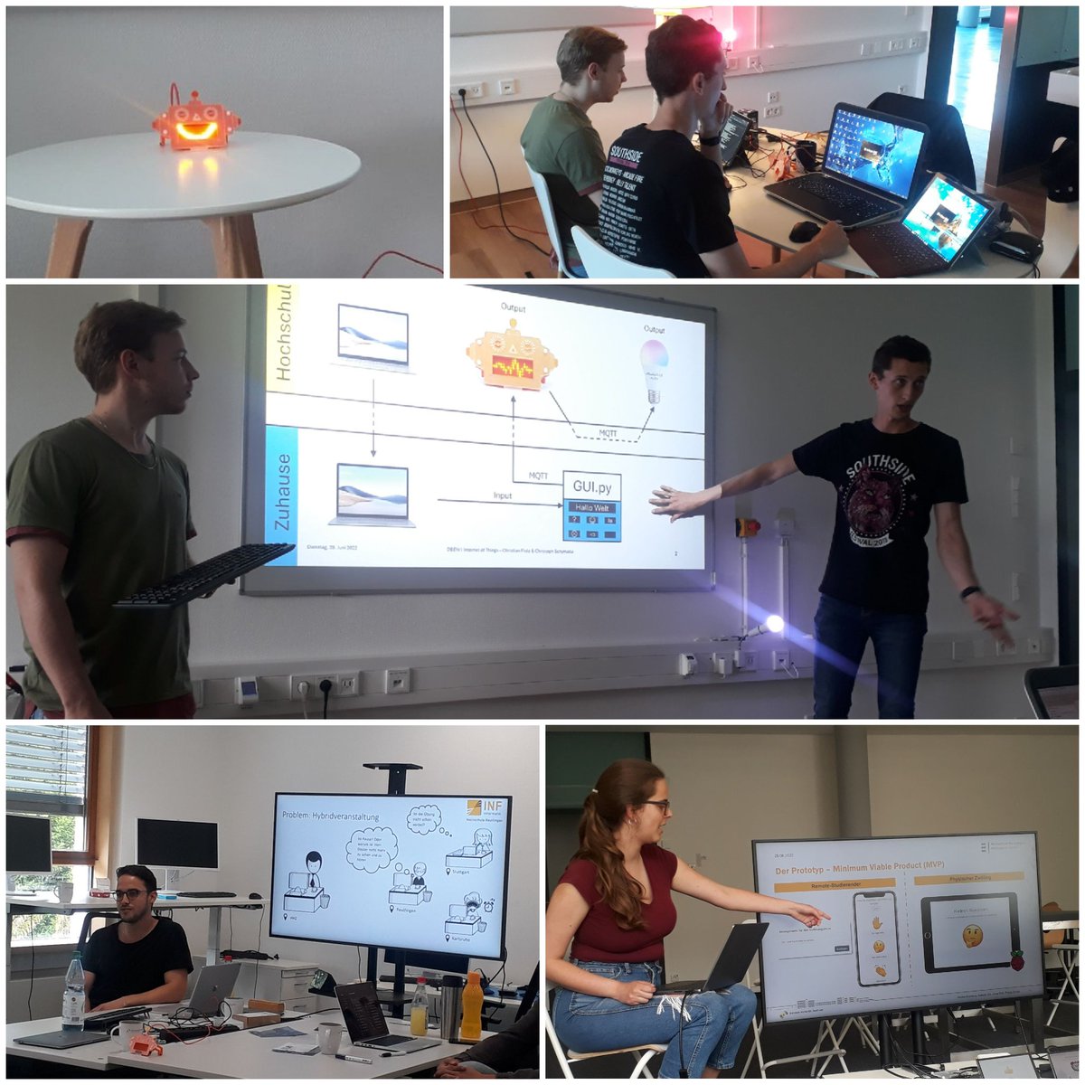 Hybrid lectures are the new normal - our #IoT hackathon @hhz_bb looks into approaches to "project" remote students onto on-site students in order to bring them back to the lecture hall as *physical twins*. The goal is to increase the engagement. 
#hhz_bb #dbe #digitalbusiness