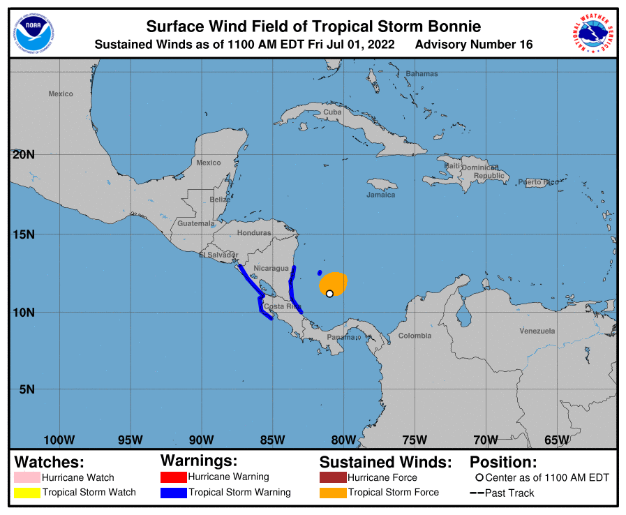 HRHEngel's tweet photo. Tormenta Tropical #BONNIE
#01Jul 11.00am Aviso 16
En el SW del Mar Caribe
Vientos con fuerza de #TropicalStorm se extienden hasta 115mi (185km)
#Watches #Warnings Costa Rica, Nicaragua
#NHC #PTC2 #Invest94L #PT12AL #OT11 #METEOve https://t.co/1Xj19KjRSZ
