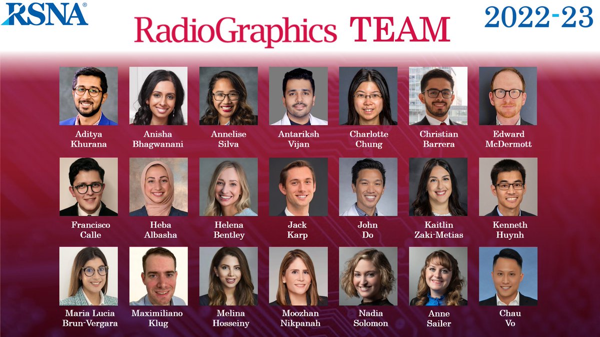RadioGraphics (@radiographics) on Twitter photo Welcome to the outstanding group of new RG TEAM members! #RGphx <a href="/edwardmcd/">Edward Mc Dermott</a> <a href="/MoozhanNikpanah/">Moozhan Nikpanah, MD</a> <a href="/anne_sailer/">Anne Sailer, MD</a> <a href="/A_Silva287/">Annelise M. Silva, MD EdM</a> <a href="/tinydoctornadia/">Nadia Solomon, MD, MSc, MA</a> <a href="/DrAntariksh/">Antariksh V. Vijan</a> <a href="/chaudvo/">Chau Vo, MD</a> <a href="/kzakimetias/">Kaitlin Zaki-Metias, MD, FRCPC</a> <a href="/adikhurana/">Aditya Khurana</a> <a href="/_jackarp/">Jack</a> <a href="/RadiologyTweets/">H Bentley</a> Welcome to the outstanding group of new RG TEAM members! #RGphx <a href="/edwardmcd/">Edward Mc Dermott</a> <a href="/MoozhanNikpanah/">Moozhan Nikpanah, MD</a> <a href="/anne_sailer/">Anne Sailer, MD</a> <a href="/A_Silva287/">Annelise M. Silva, MD EdM</a> <a href="/tinydoctornadia/">Nadia Solomon, MD, MSc, MA</a> <a href="/DrAntariksh/">Antariksh V. Vijan</a> <a href="/chaudvo/">Chau Vo, MD</a> <a href="/kzakimetias/">Kaitlin Zaki-Metias, MD, FRCPC</a> <a href="/adikhurana/">Aditya Khurana</a> <a href="/_jackarp/">Jack</a> <a href="/RadiologyTweets/">H Bentley</a>