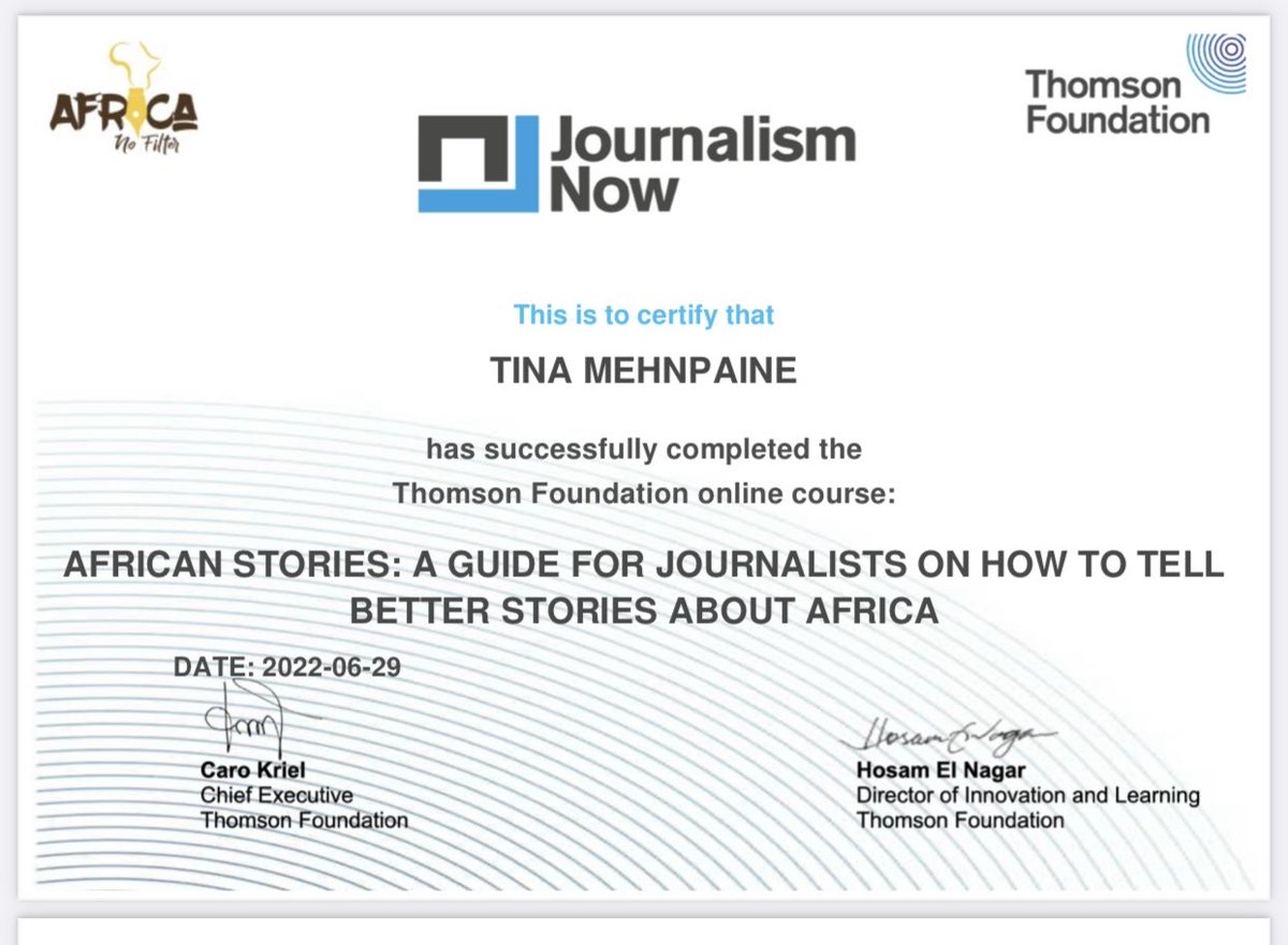 TMehnpaine's tweet photo. Happy to successfully completed my course on Guide for journalists on how to tell better stories about Africa. #Africanofilter #thomsonfoundation https://t.co/Yuukugkuz2