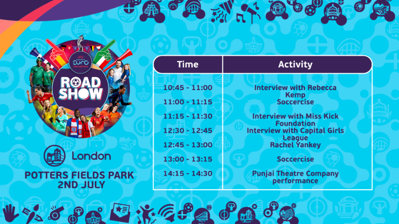 ROADSHOW | Join us shortly as we open the doors to the London #WEURO22 Roadshow at Potters Fields Park!

There's lots going on today, all free of charge, with chances to win prizes, try new things and see the Women's EURO Trophy 🏆

Here's a glimpse of today's schedule 👇