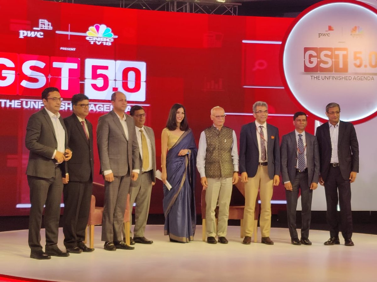 PwC_IN's tweet photo. It is great to see consensus in views of industry champions and policy makers around recommendations to strengthen the potential of #GST as a true enabler. Here’s a sneak preview of the engaging session from our event ‘GST 5.0:The Unfinished agenda’, with @CNBCTV18News #GSTat5 https://t.co/TV8ooGqM2h