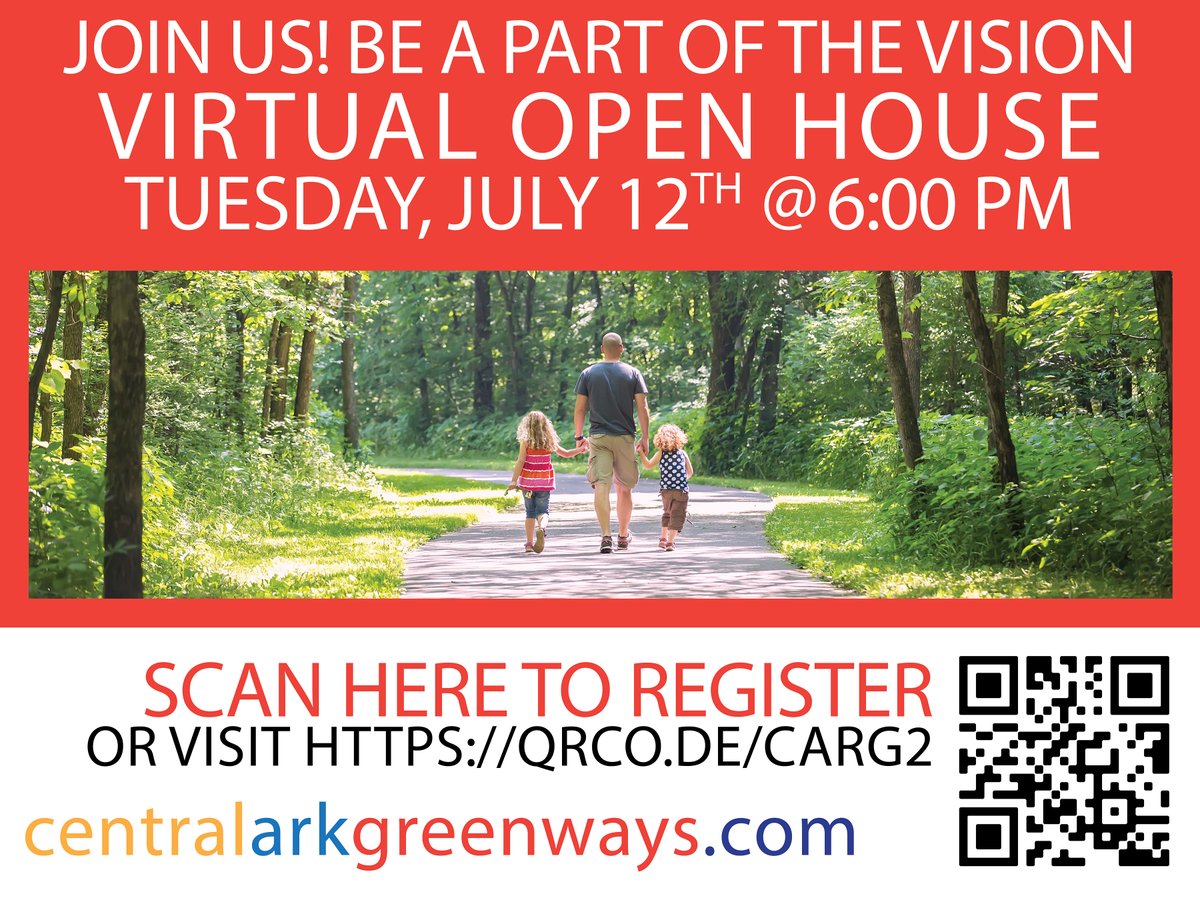 Metroplan is investing in more than 170 miles of planned multi-use paths. We invite you to attend an online open house on July 12 at 6 p.m. to learn about the proposed routes in the Central Arkansas Regional Greenways Plan!
QRCO.DE/CARG2