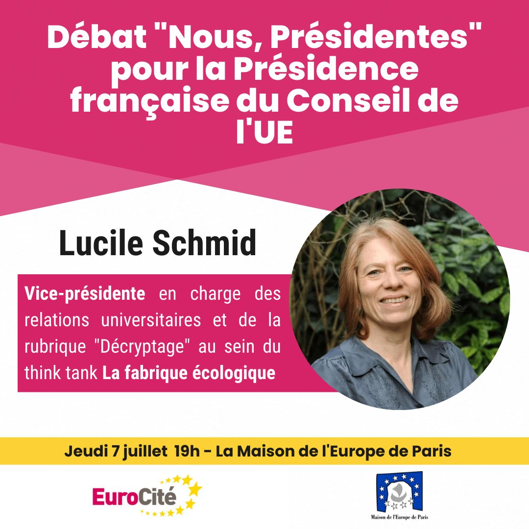 📣 Dans le cadre du débat « Nous, Présidentes », nous avons le plaisir de vous annoncer la présence de Lucile Schmid ! 

🗓 L'événement se tiendra le jeudi 7 juillet à la Maison de l’Europe de Paris ! 

👉 Pour réserver votre place pour cet événement : bit.ly/3ny7j3i