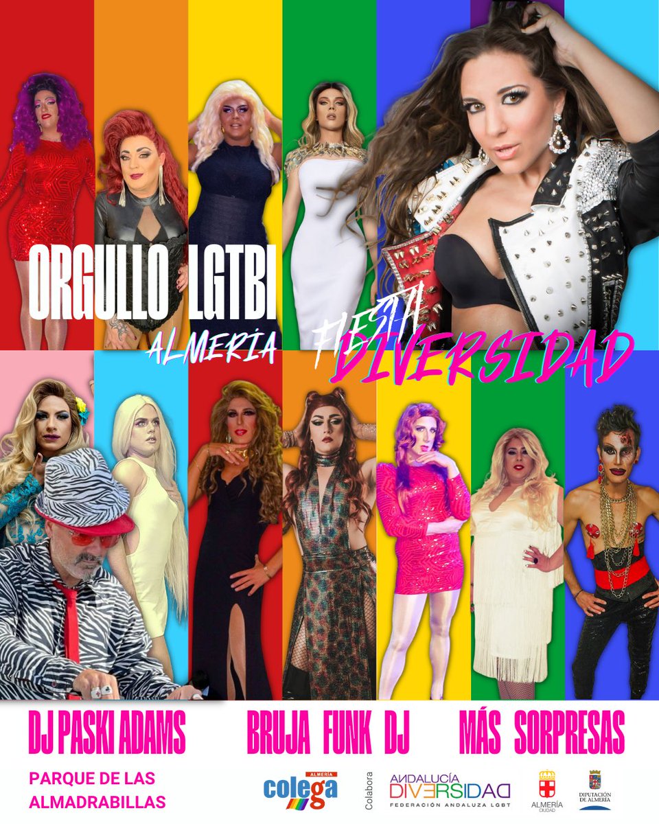 ¡Hola, hola, holaaa! Vente este sábado a las 21.15 al Parque de las Almadrabillas. Contamos con 14 impresionantes Drag Queens y la música de Rebeca Moss, DJ Pasky Adams y la Bruja del Funk. ¡No te lo pierdas! sabemos que tú también llevas una Ana Locking dentro 😏💅🏳️‍⚧️👑🏳️‍🌈