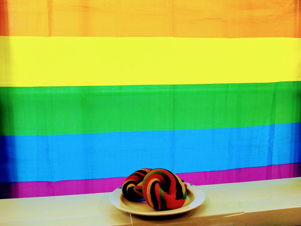 Not the biggest of Pride celebrations today. Forgot to order the @Rinkoffbakery rainbow bagels this year and they only had 3 left! Nevermind we are all happy to share. Happy Pride everyone 🌈 @jowebster_jo 😁