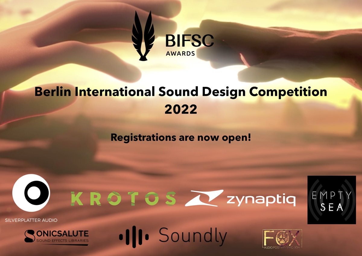 Registrations are now open for the Berlin International Sound Design Competition 2022!! Visit bifsc.org/sound-design-c… to find out more and register!!
<a href="/zynaptiq/">zynaptiq</a> <a href="/KrotosAudio/">Krotos</a> <a href="/helpmespaudio/">SilverPlatter Audio</a> <a href="/Empty_Sea/">Empty Sea Audio</a> <a href="/GetSoundly/">Soundly</a> <a href="/Sonicsalute/">Mikkel Nielsen</a> @foxaudiofr