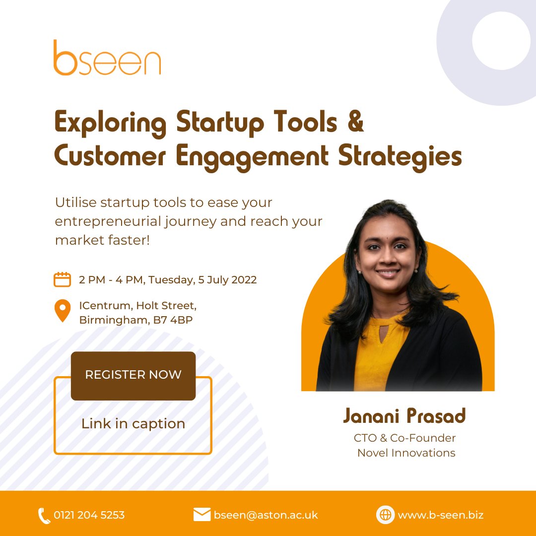 Are you an early-stage entrepreneur that is looking to grow digital?

This FREE workshop is tailored for YOU!

Delivered by a BSEEN alumna - Janani Prasad, this workshop will explore the most relevant startup tools that help ease your startup journey.

👉bit.ly/3QXQoER