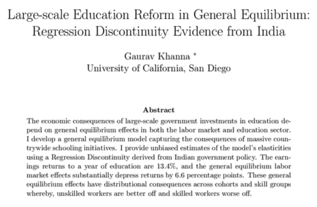 Michael Clemens (@m_clem) on Twitter photo Congratulations <a href="/econgaurav/">Gaurav Khanna</a> for this well-deserved placement in the <a href="/JPolEcon/">JPE</a>!
Years ago <a href="/DrDaronAcemoglu/">Daron Acemoglu</a> critiqued the 'credibility revolution' for too little attention to 'the centrality of general equilibrium'. A new generation has been fixing that.
journals.uchicago.edu/doi/abs/10.108… Congratulations <a href="/econgaurav/">Gaurav Khanna</a> for this well-deserved placement in the <a href="/JPolEcon/">JPE</a>!
Years ago <a href="/DrDaronAcemoglu/">Daron Acemoglu</a> critiqued the 'credibility revolution' for too little attention to 'the centrality of general equilibrium'. A new generation has been fixing that.
journals.uchicago.edu/doi/abs/10.108…