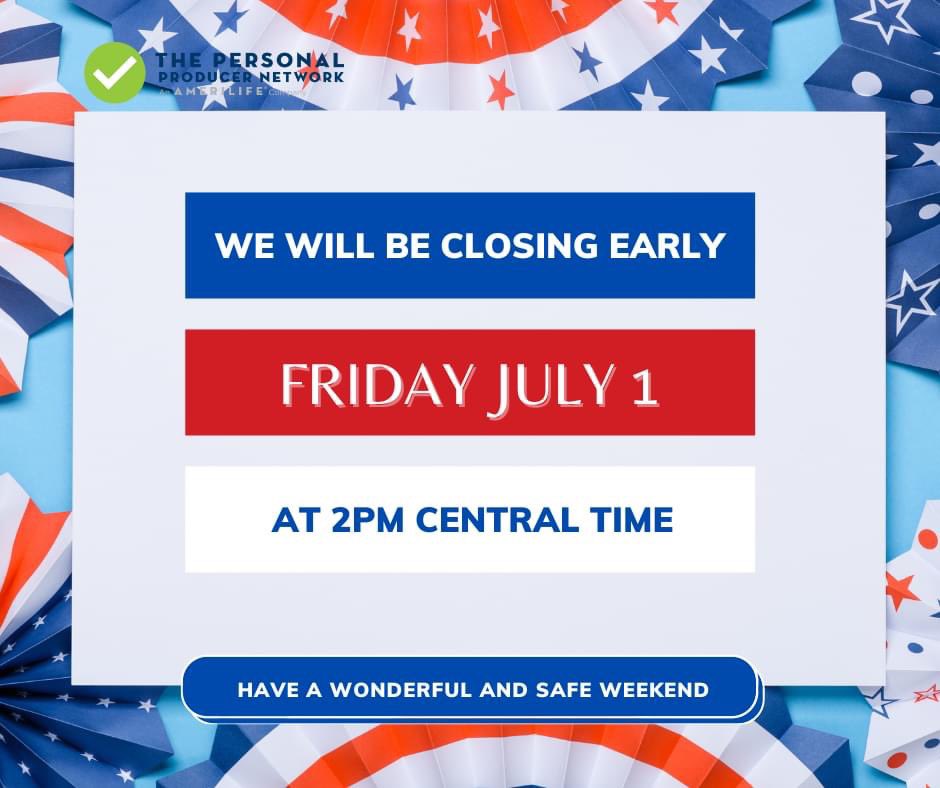 tack1319's tweet image. We will be closing early on Friday, July 1st at 2pm CT and will resume regular business hours on Tuesday, July 5th. Have a safe and Happy Independence Day!

#earlyout #IMO #fourthofjuly #besafeandcelebrate #landofthefree #homeofthebrave #closingearly