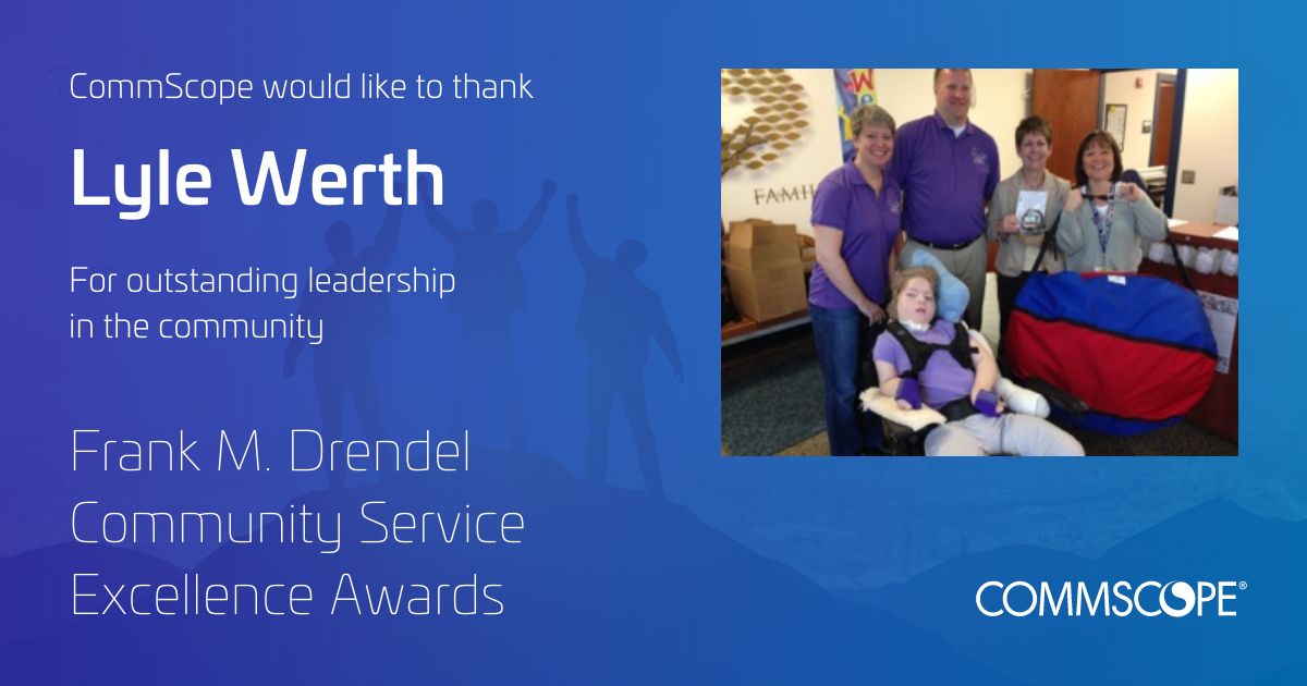 CommScope's tweet photo. The Drendel Awards are #CommScope’s way of recognizing community service efforts made by its employees. Congratulations to Lyle Werth, winner in the #Leadership category. He started https://t.co/x25oKcjh7t https://t.co/U6l1l8HFzS to help families who have been touched by epilepsy https://t.co/WjMSq6BkAN