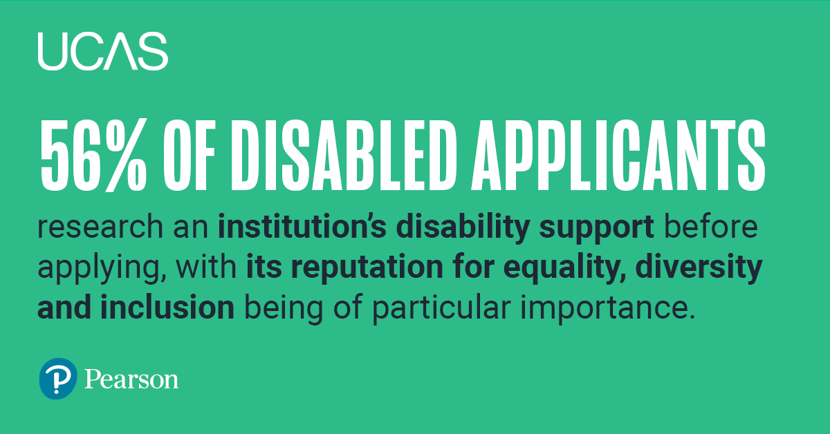 Our survey of 5,000 current UCAS applicants with disabilities revealed that more than half (56%) do early research into the support and inclusion offered by universities and colleges. We explore this in our report published in collaboration with <a href="/PearsonSchools/">Pearson Schools UK</a>  
#DisabilityAndMe