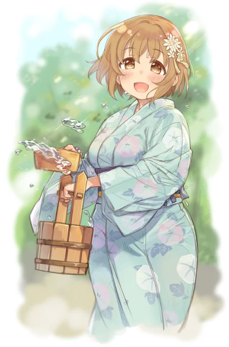 (絵)三村かな子ちゃん、[いっぱいの真心]の浴衣姿の絵です!!!かな子ちゃんと浴衣デートしたいですね。この暑い中かな子ちゃんに水をかけられる地面が羨ましいのでこちらにも直接かけてもらいたいですね。ついでにかけっこしたいですね。かな子ちゃんと浴衣デートしたいですね。 