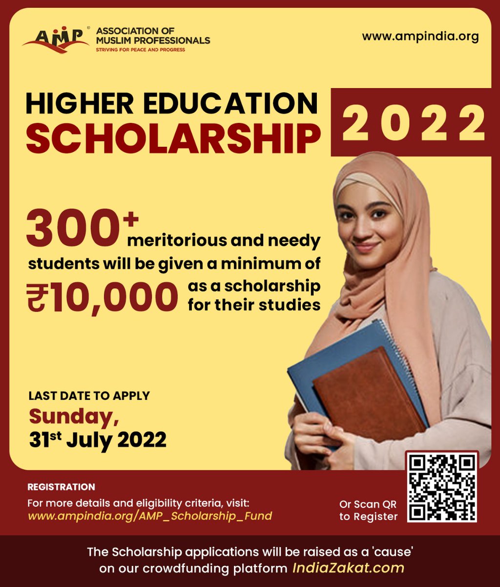 AMP Higher Education Scholarship - 2022

300+ needy students to be given minimum Rs 10,000 or more as scholarship for their Higher Education.

For more details
ampindia.org/AMP_Scholarshi…

Click on APPLY SCHOLARSHIP
IndiaZakat.com/scholarshipForm 

Last Date to Apply: 31st July 22

Regards