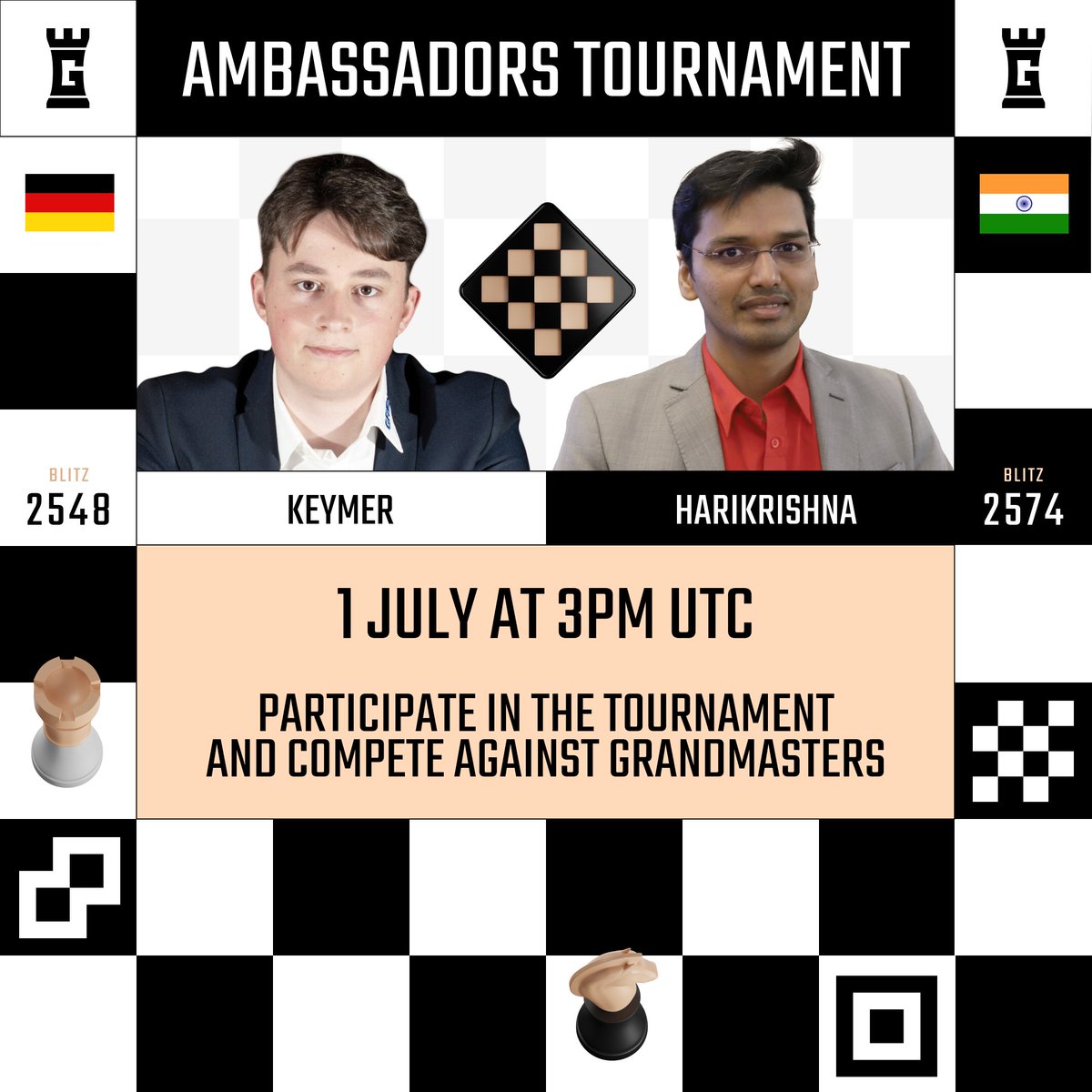 TheImmortalGame's tweet photo. GM Pentala Harikrishna and GM Vincent Keymer will be playing TODAY at 3PM UTC on Immortal Game! 🚀

Challenge yourself against @HariChess and @VincentKeymer04 👑 https://t.co/lUuXzLrM5y