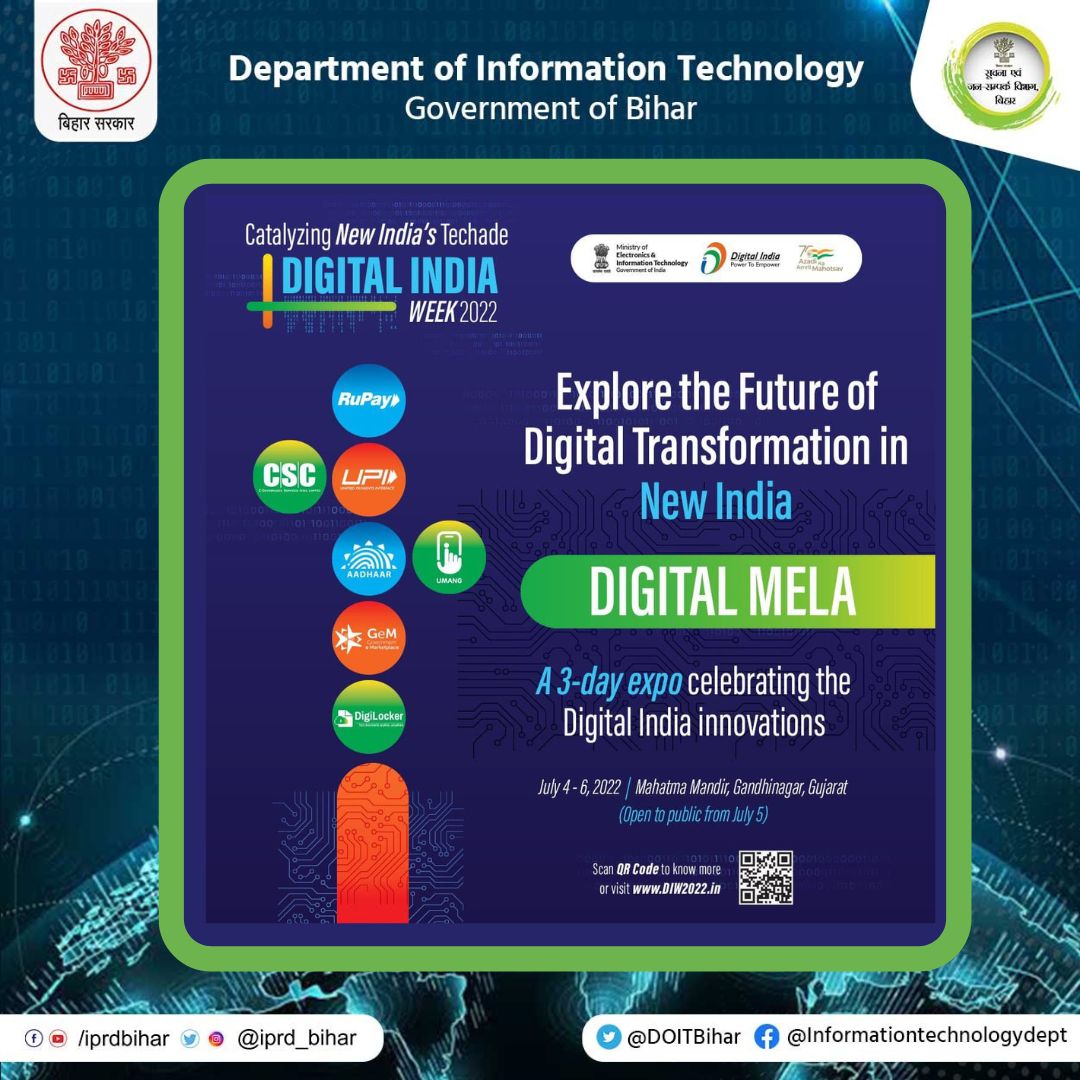 DitBihar's tweet photo. Digital Mela : 3 day expo celebrating the Digital India Innovations.
#BiharInformationTechnologyDept
#informationtechnology
#DigitalIndia #Bihar
#DigitalIndia #AzadiKaAmritMahotsav
#DigitalIndiaforAll #DigitalBihar
@JIBESHKUMARBIH
@GoI_MeitY https://t.co/oIfmUP7Qhp