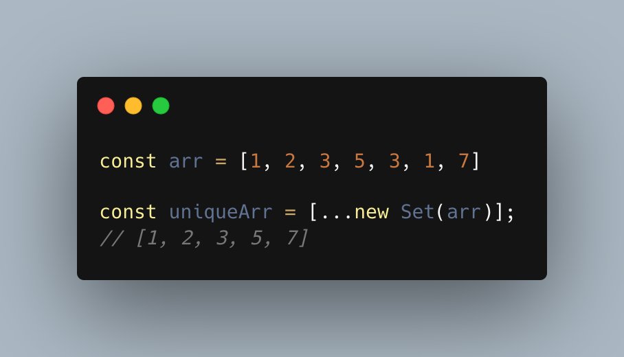 CodeLikeAMonk's tweet image. Unique array values
The most effective and easiest way to remove duplicate values from an array is to use Set and spread operator as stated in the image
#javascript #javascripttips #javascriptcheatsheet #cheatsheet #arrays #codingisfun #codinglife
