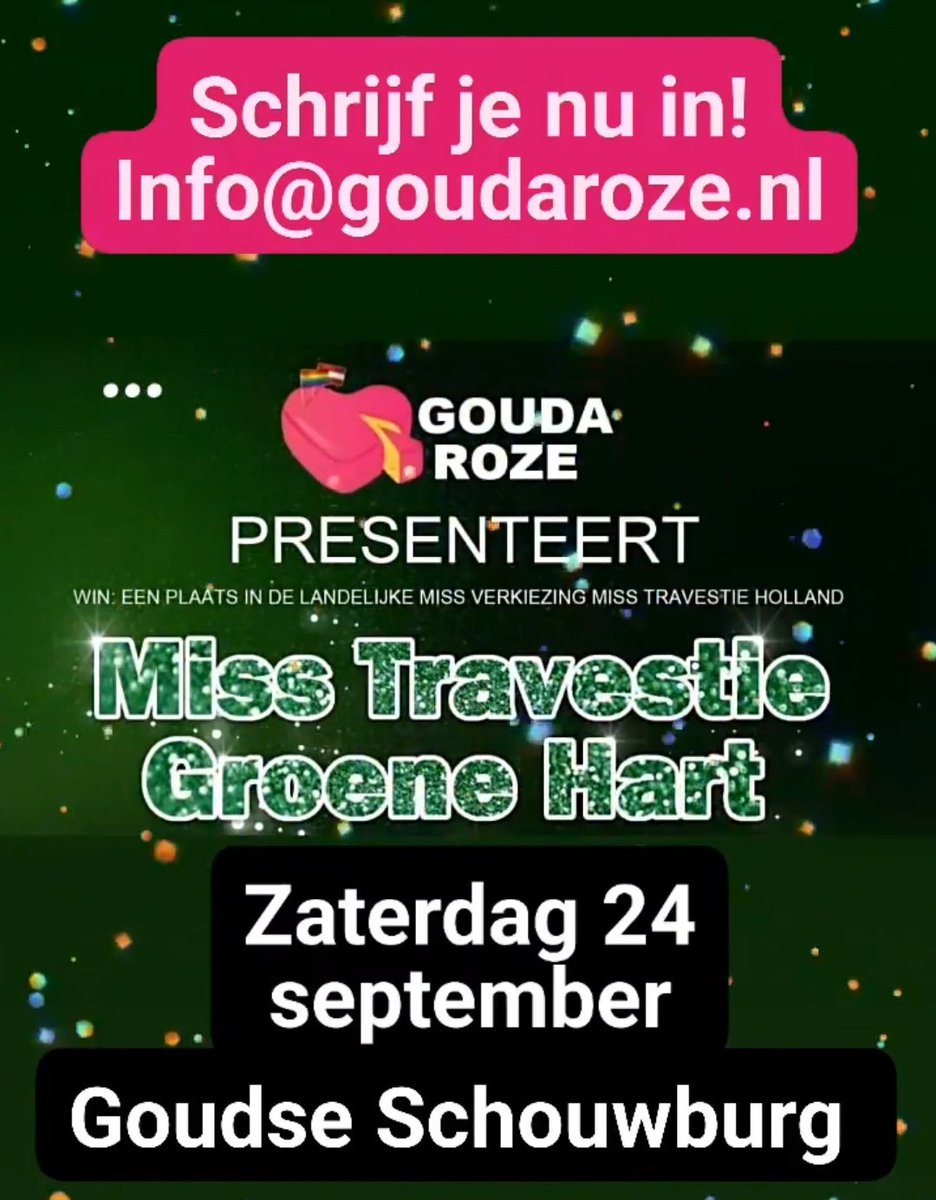 GoudaRoze's tweet photo. Zaterdag 24 september, Goudse Schouwburg: Miss Travestie Groene Hart 2022! Open for all kinds of drag: queens, kings and all in between! Schrijf je nu in via info@goudaroze.nl https://t.co/smYAKcexAx 
#gouda #groenehart #dragisfun #misstravestiegroenehart https://t.co/1ilUEPGcQZ