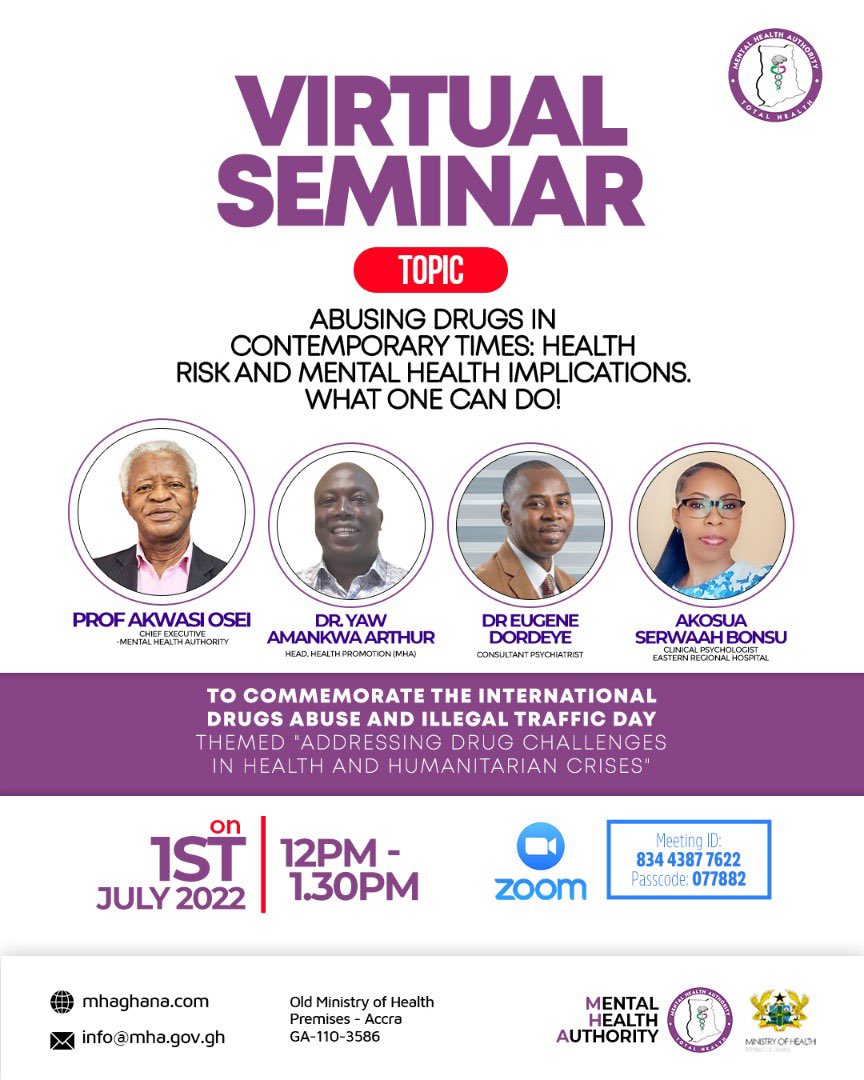 mha_ghana's tweet photo. It’s yet another episode of the Mental Health Webinars‼️
Topic: Abusing drugs in contemporary times: health risk and mental health implications. What one can do!
Time: Jul 1, 2022 12:00 PM
Join Now‼️
https://t.co/DejJoHfP1R

ID: 834 4387 7622
Passcode: 077882

#mentalhealth https://t.co/l22e7ojqr1