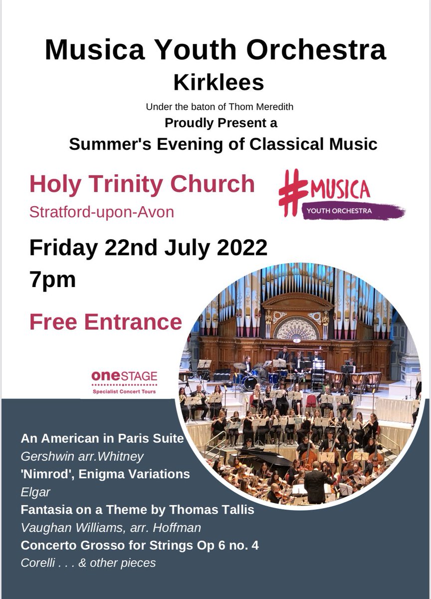 Stratford Upon Avon- free Classical music, evening concert with Musica Youth Orchestra - come along on the 22nd of July ! #stratforduponavon #whatson #ClassicalMusic #events