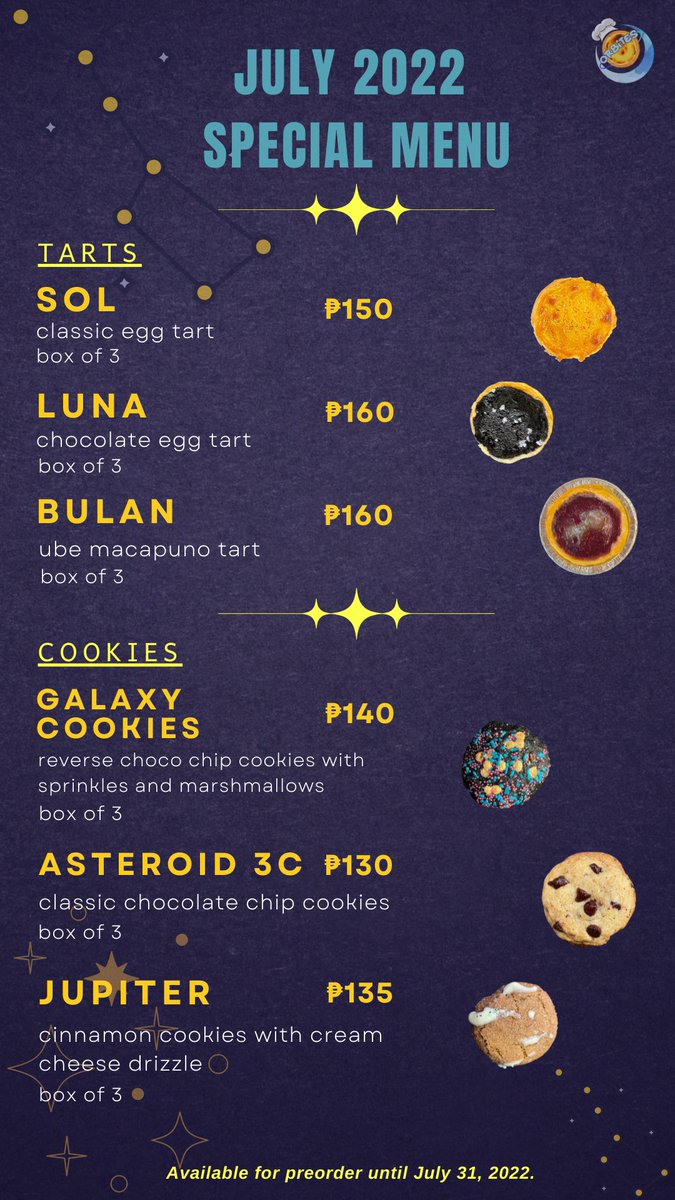 orbitesph's tweet photo. Goodbye June, Hello July!

Before we release our updated menu, here’s a surprise treat—an out-of-this-world offer just for you ✨ 

Featuring special pastries in affordable prices, don’t forget to check this out because this is available for preorder until July 31 only. 😉 https://t.co/O6UGB1Ws04