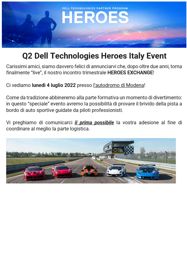 Getting ready for my 1st in 2+ years #DellTechHeroes in-person event. Our most loyal <a href="/DellTechPartner/">Dell Technologies Partners</a> from Italy will have an opportunity to max out their IT capabilities &amp; have some fun at the Modena Race Track.  
#Iwork4Dell <a href="/wbruninx/">William Bruninx</a>  <a href="/adeline_valette/">Adeline Valette</a> <a href="/AlexFl4/">Alex Flor</a>