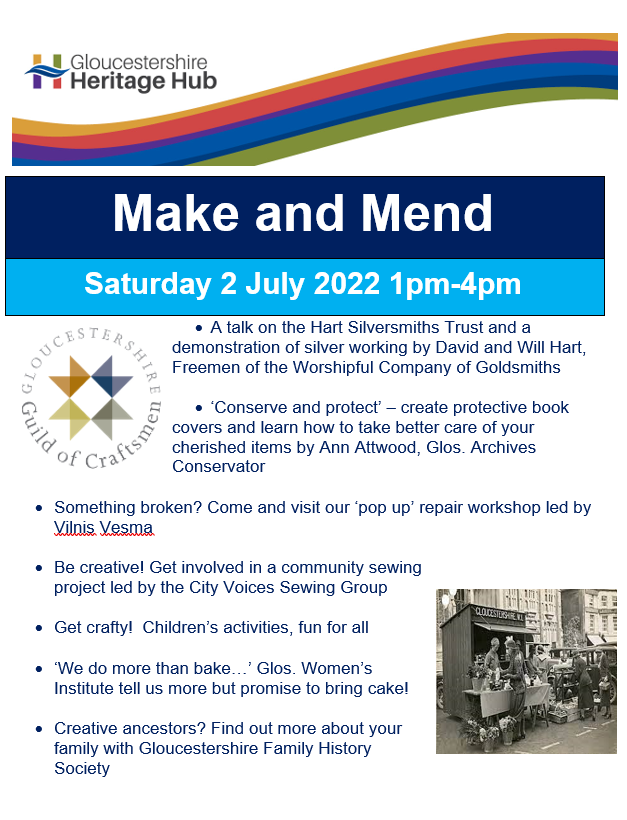 A quick reminder to pop in between 1-4pm this Saturday (2 July) for our "Make and Mend" event! See crafters in action, hear a talk on the Hart Silversmiths Trust, and find out about your creative ancestors from the Gloucestershire Family History Society!

orlo.uk/fLQGA