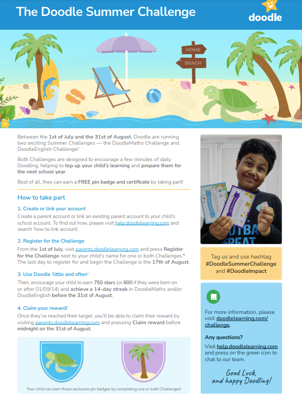 The DoodleMaths Summer Challenge begins today!! Make sure you read the sign up details carefully to make sure you get the certificate and pin badge. Happy Doodling!
... remember, DoodleMaths is proven to reduce the learning loss that can happen over the 6 week summer holiday!